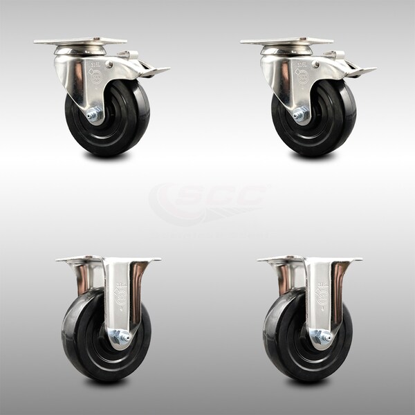 4 Inch 316SS Soft Rubber Wheel Swivel Top Plate Caster Lock Brake 2 Rigid, 2PK